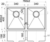 Square Undermount Sink Double Bowl 340 x 400